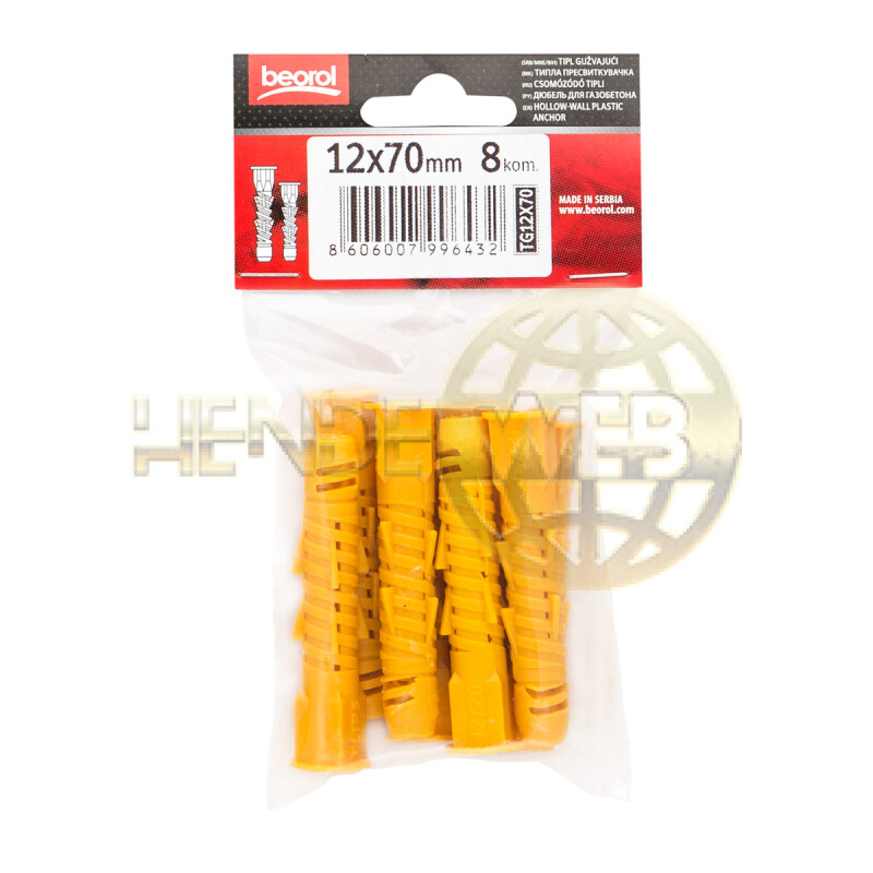 BEOROL tipli, üreges téglához, ø12 x 70 mm, 8 db - TG12X70 - BEOROL tipli - HendeWEB